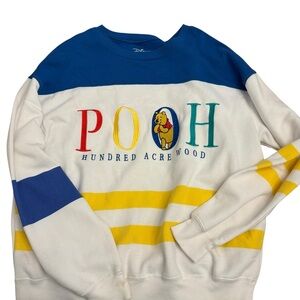 2000s Disney Pooh Embroidered Colorblock Sweater - Blue, White, Yellow